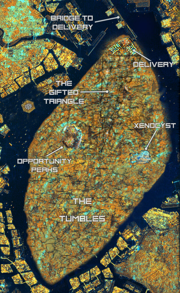 Zoomed in Map of the District of Dreams, an artificial island on Tokyo Bay in the future of the Jubilee Cycle trilogy.