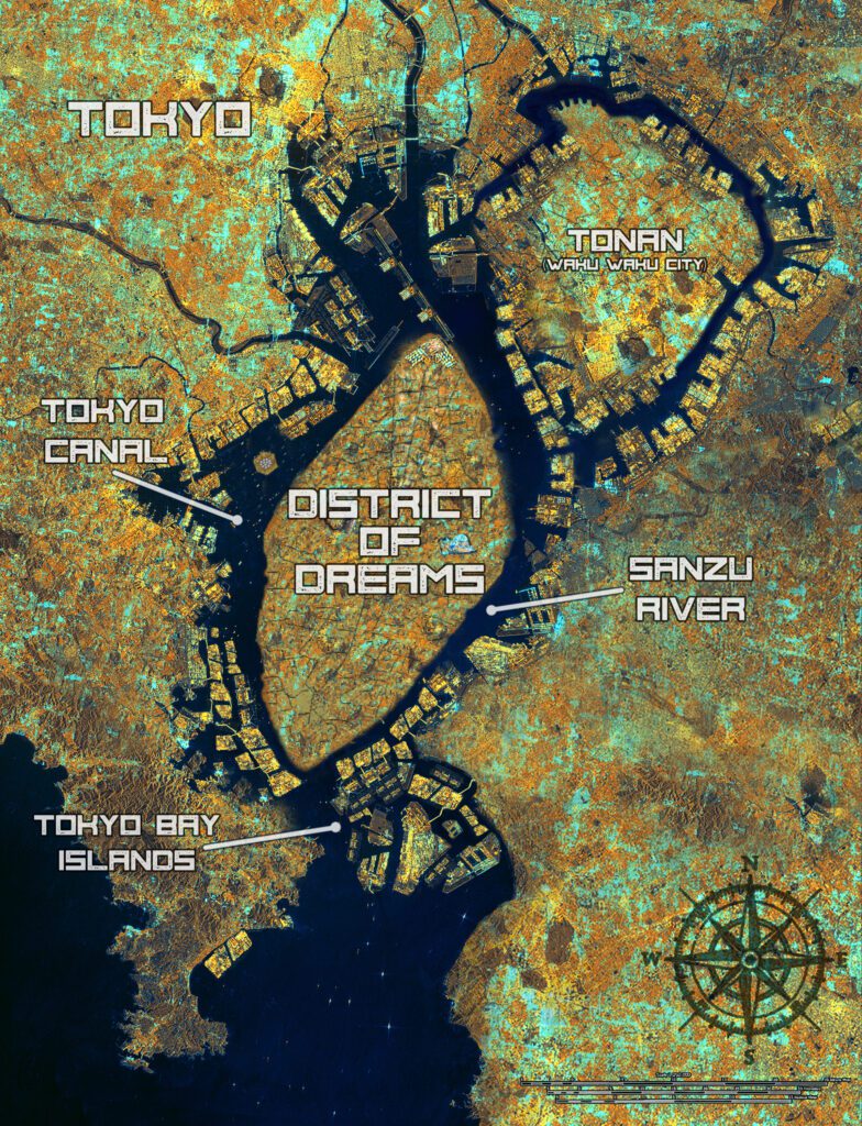 Zoomed out map of Tokyo in the future of the Jubilee Cycle trilogy, including the District of Dreams and Waku Waku City