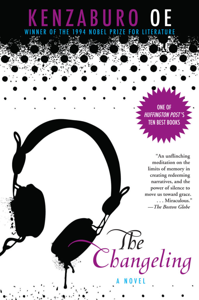 book cover of The Changeling by Kenzaburo Oe, showing a pair of black headphones against a stylized white and black background
