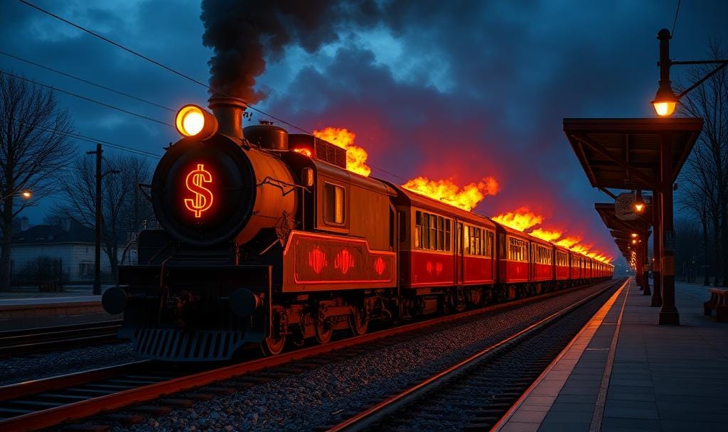 Flaming diesel train with money sign at front billowing smoke from its chimney as it pulls up to a terminal