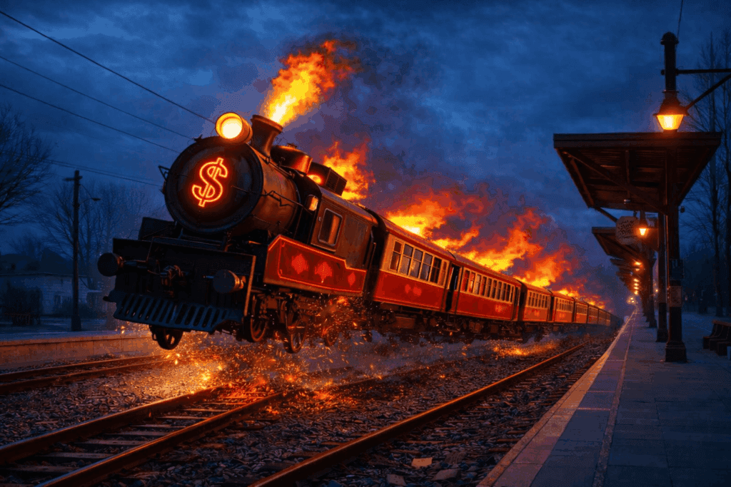 A flaming train with a dollar sign on the front derails beside the train platform
